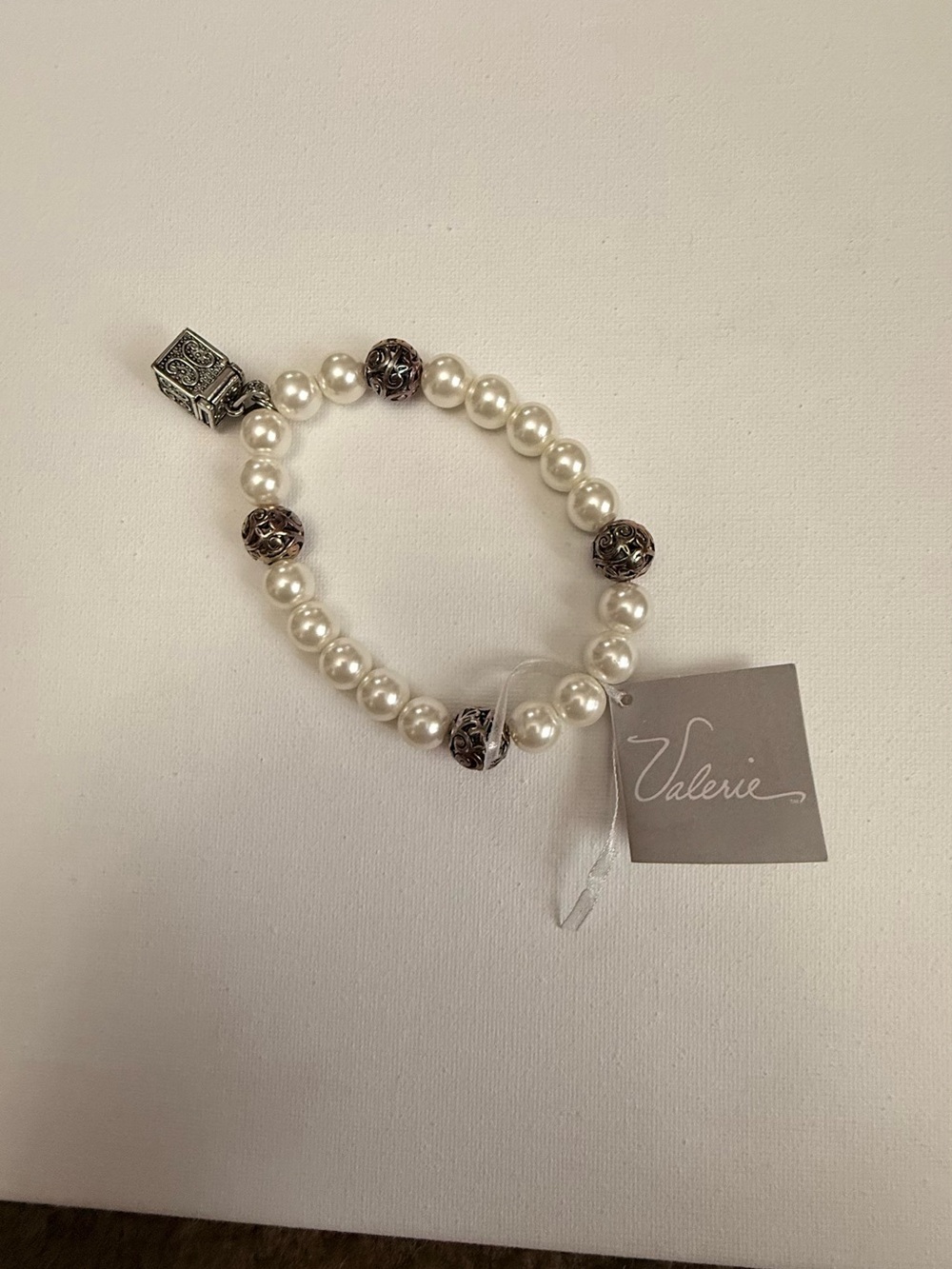 Valerie White Pearl and Filigree Stretch Bracelet